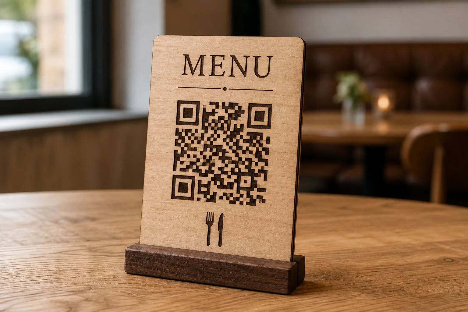 Finished engraved wooden QR menu sign in a café setting