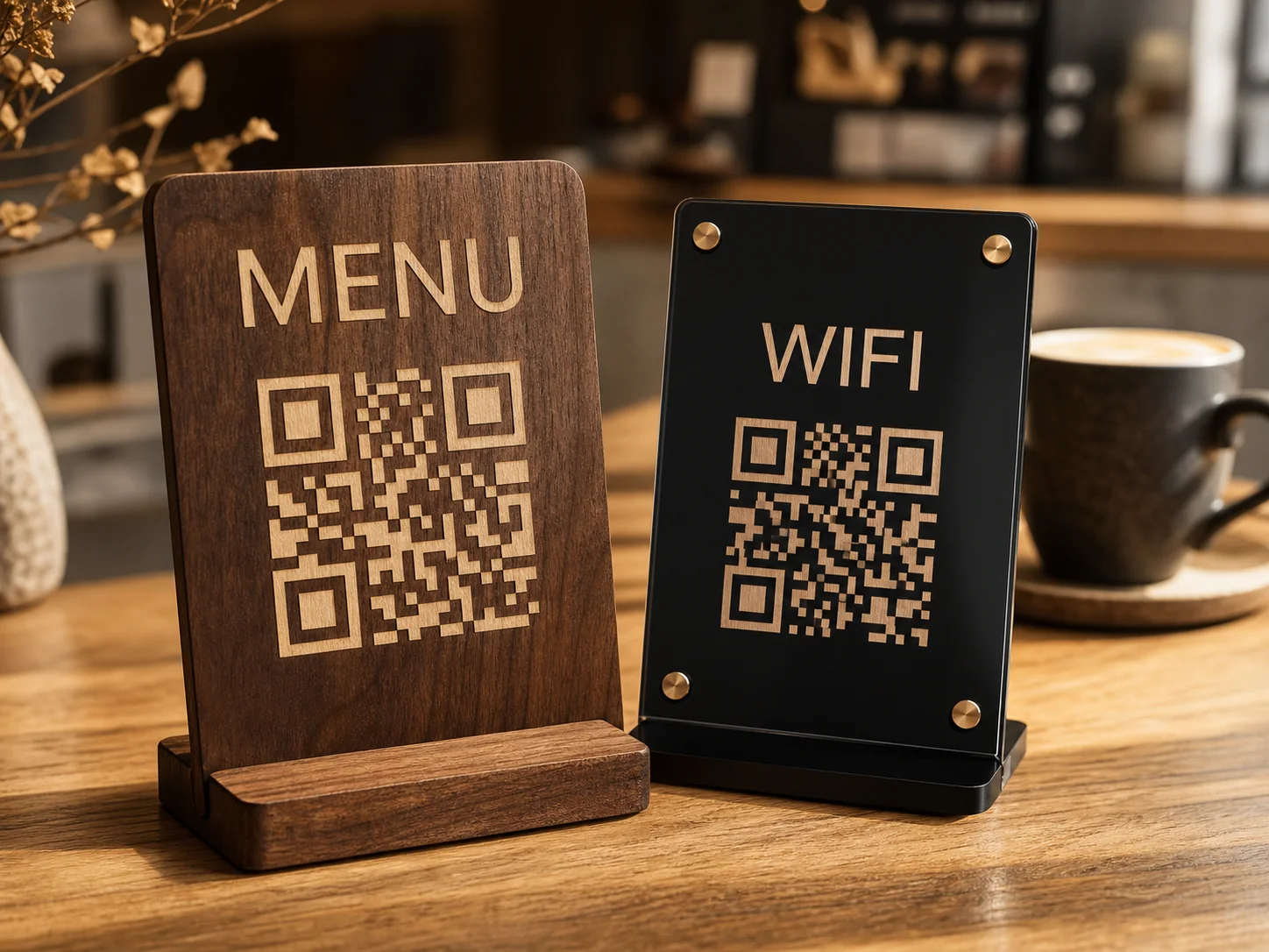 Wooden QR menu and Wi-Fi sign examples