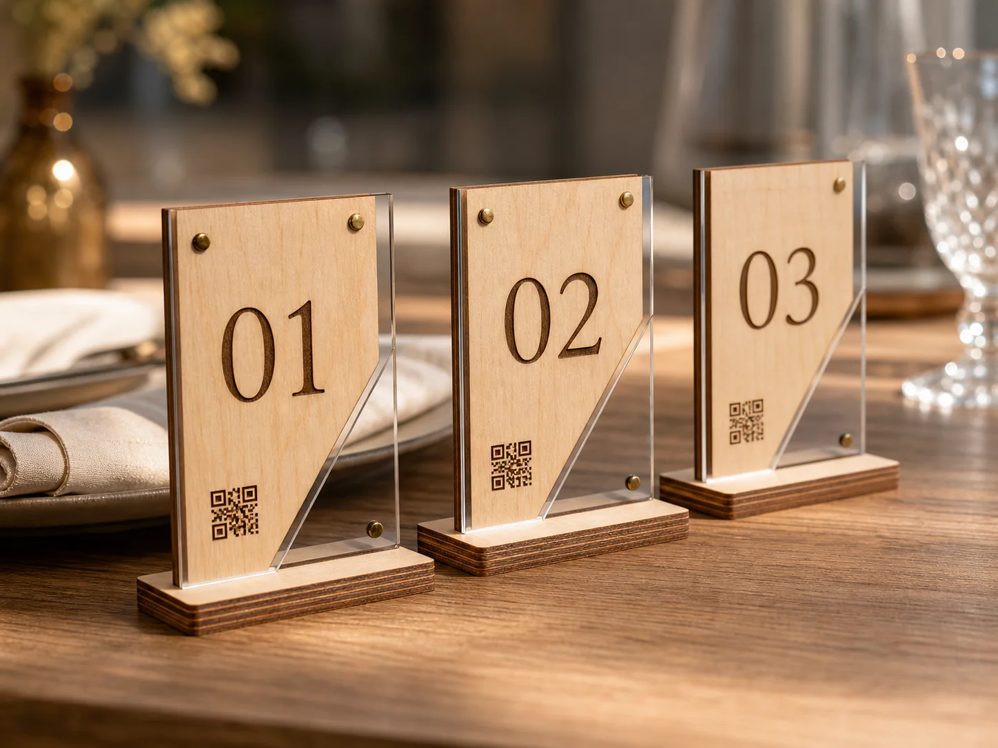 Finished engraved table number signs with QR codes in a restaurant setting