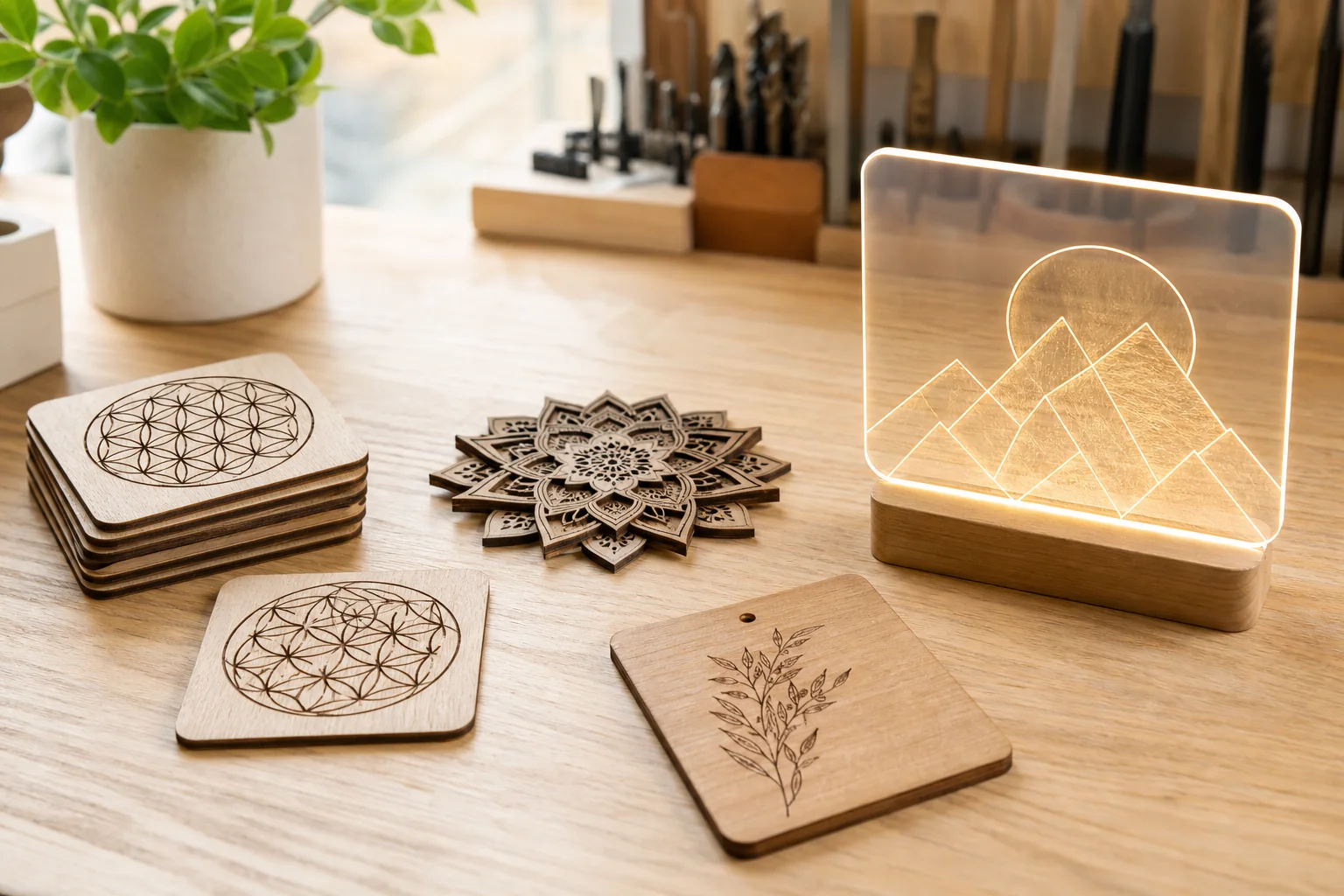 Laser engraved wood and acrylic product examples on a workshop table